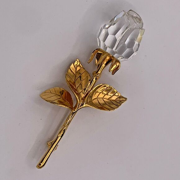 Swarovski Crystal Memories Rose Flower Brooch Pin Gold Large Signed Collectible - Picture 1 of 11